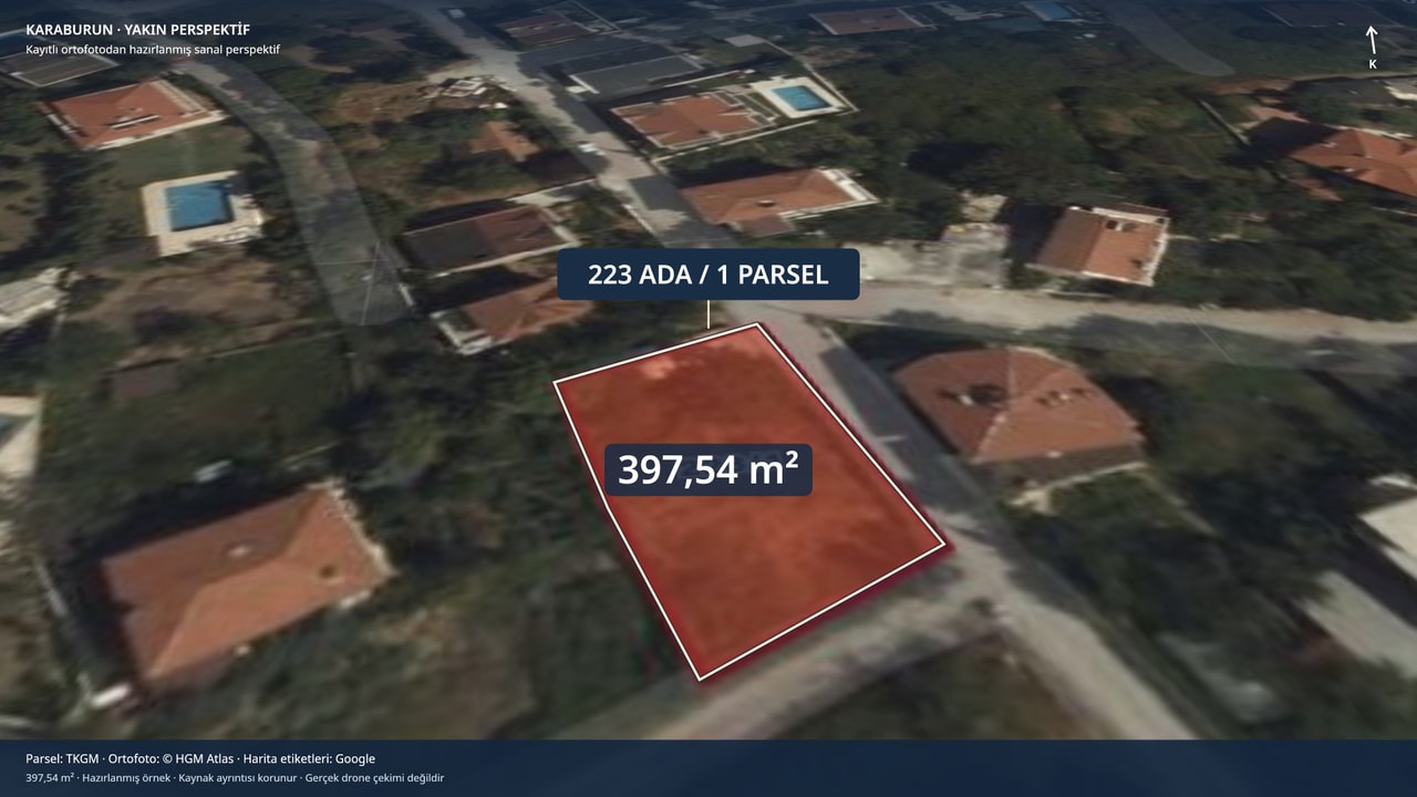 Aynı Karaburun 223/1 parselinin alan ve sınır işaretli ilan görseli